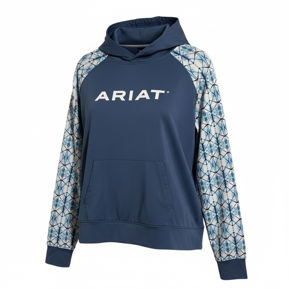 Ariat Tek Cold Series Blue White Geometric Long Sleeve Front Pocket Hoodie Top